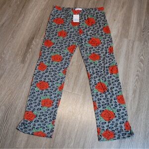 Stylish Gray Leopard Print Pajama Pants with Red Rose Accents